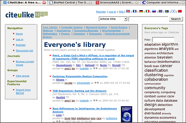  screenshot (68KB) : Figure 1 : Citeulike front page 